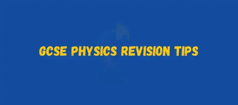 Blue background with bold yellow text reading "GCSE Physics Revision Tips" and a faint puzzle piece light bulb logo below.